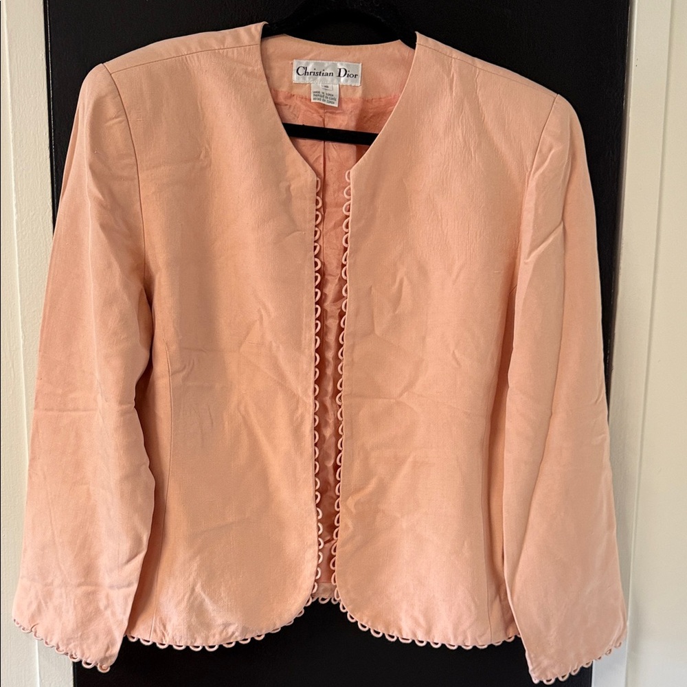 Vintage Christian Dior silk jacket/blazer collarless design, scalloped edge trim